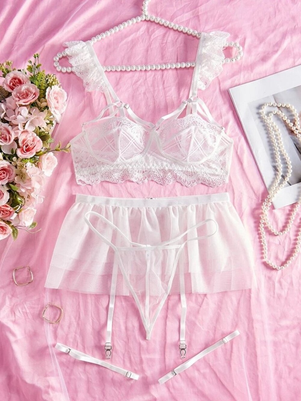 Women Sexy Lingerie Lace Sheer Babydoll Nightie Chemise Sleepwear Bra Skirt Set. - Picture 6 of 14